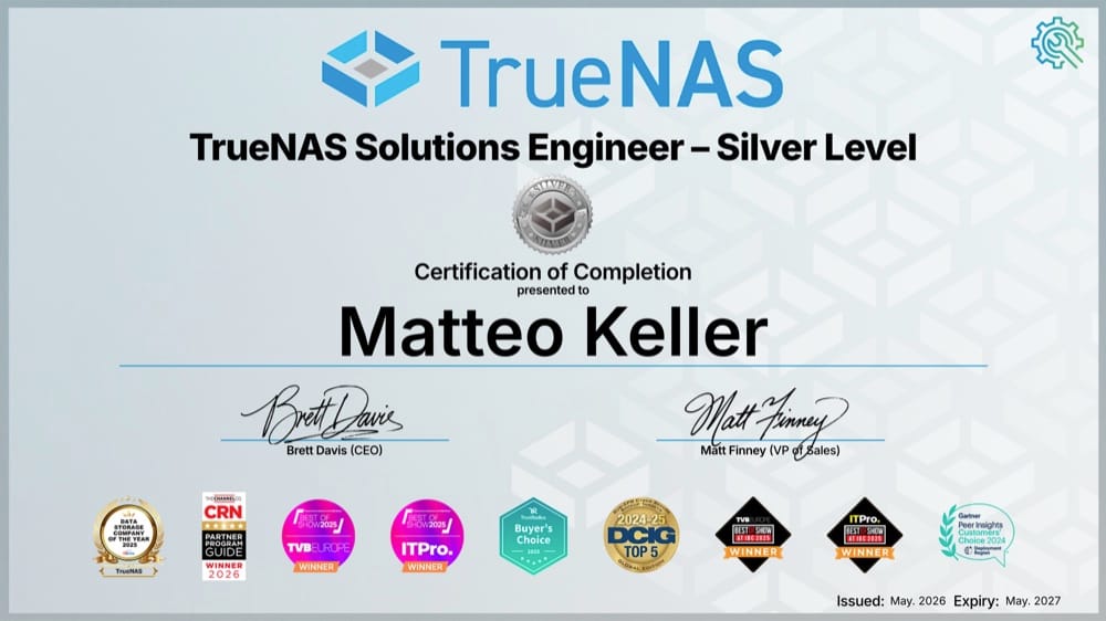 Zertifikat: TrueNAS Solutions Engineer – Silver Level, ausgestellt auf Matteo Keller
